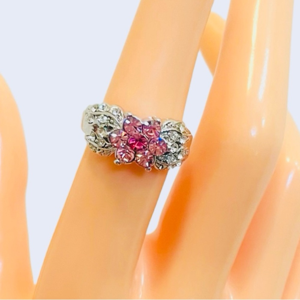Vintage Y2K Art Deco Style Silver Tone Floral Pink and White Stone Boho Ring
